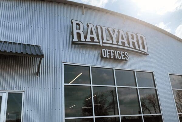 Railyard Offices brand development project by Tellwell in downtown Fargo, featuring the front of the establishment.