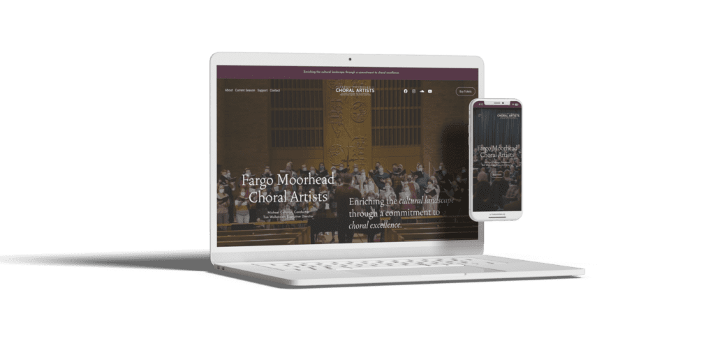 Mockup showing a laptop and smartphone displaying the \ website for Fargo Moorhead Choral Artists.