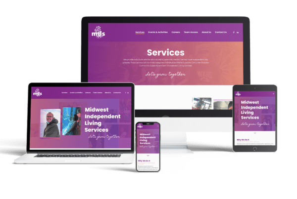 Mockup of brand refresh and website for Midwest Independent Living Services (showing on tablet, laptop, and mobile).