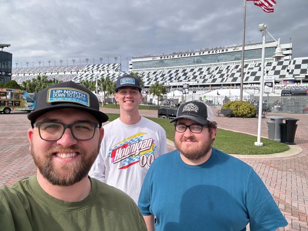 Max, Jordan, and Duncan outside of the Daytona International Raceway